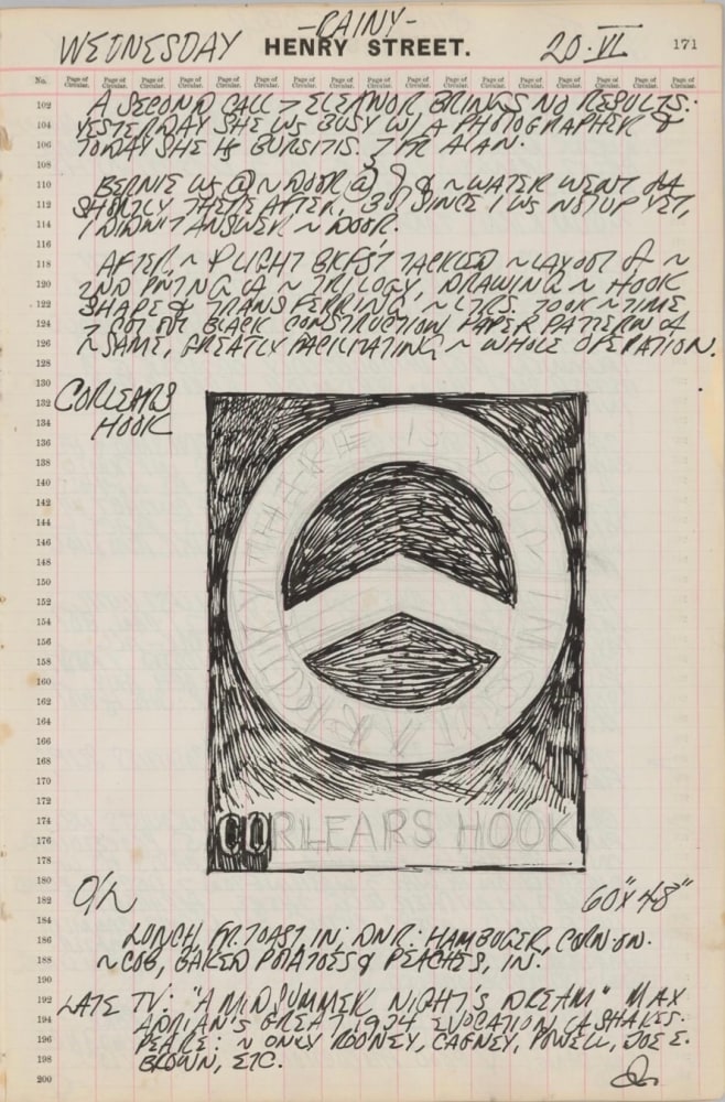 Journal page for June 20, 1962, with a black and white sketch of an early state of the Corlears Hook panel from The Melville Triptych