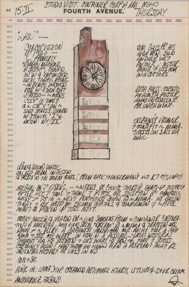 Journal page for February 15, 1962, with a color sketch of the sculpture Law