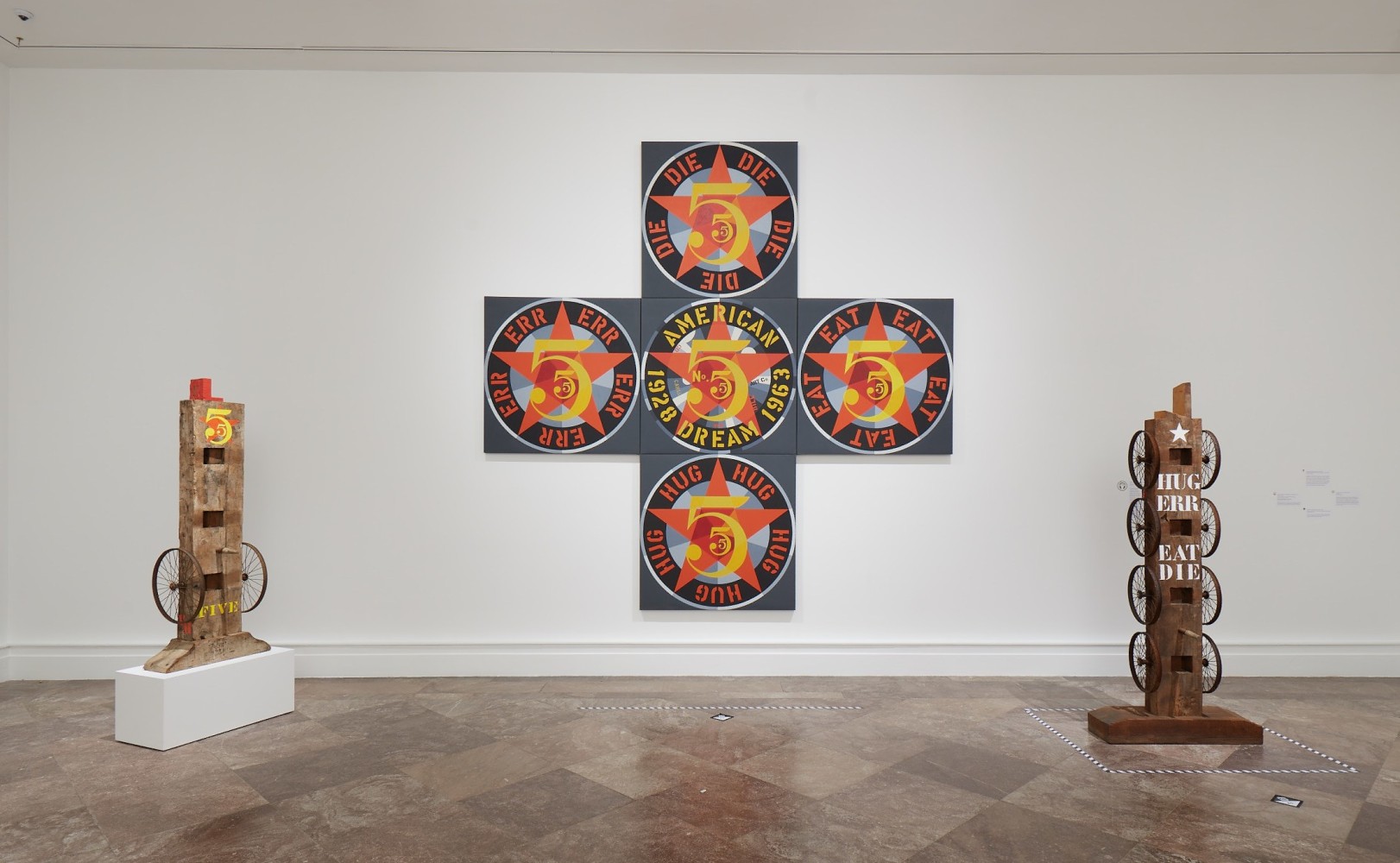 Installation view of Robert Indiana: A Sculpture Retrospective, Albright-Knox Art Gallery, Buffalo, June 16&amp;ndash;September 23, 2018. Left to right, Five (1984), The Demuth American Dream No. 5 (1963), and The American Dream (1992). Photo: Tom Powel Imaging