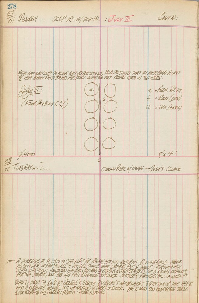 Journal page for July 27-28, 1959, with a rough sketch of a painting titled July III