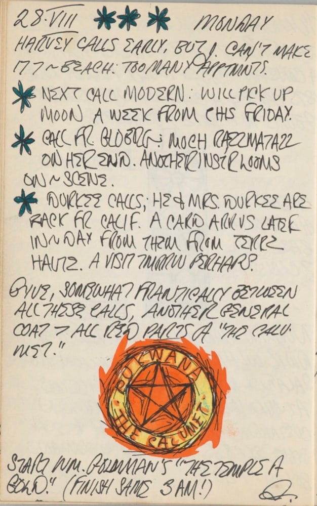 Journal page for August 28, 1961 with a color sketch of a detail of the painting The Calumet