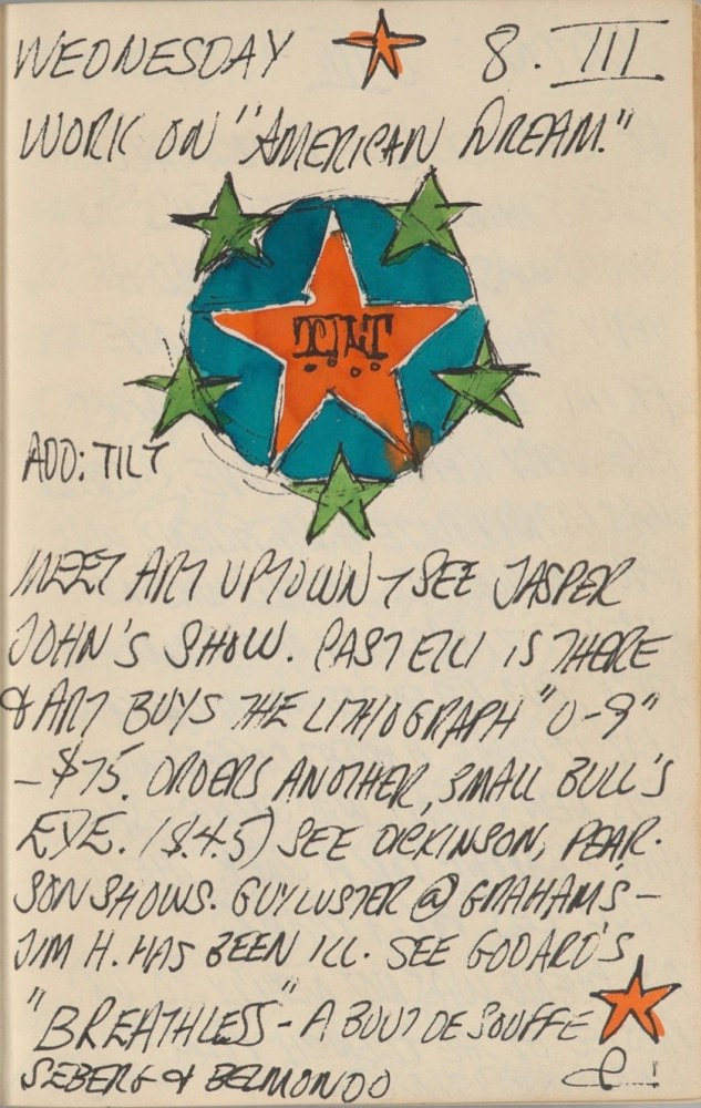 Journal page for February 8, 1961, with a color sketch of a detail from the painting The American Dream, I