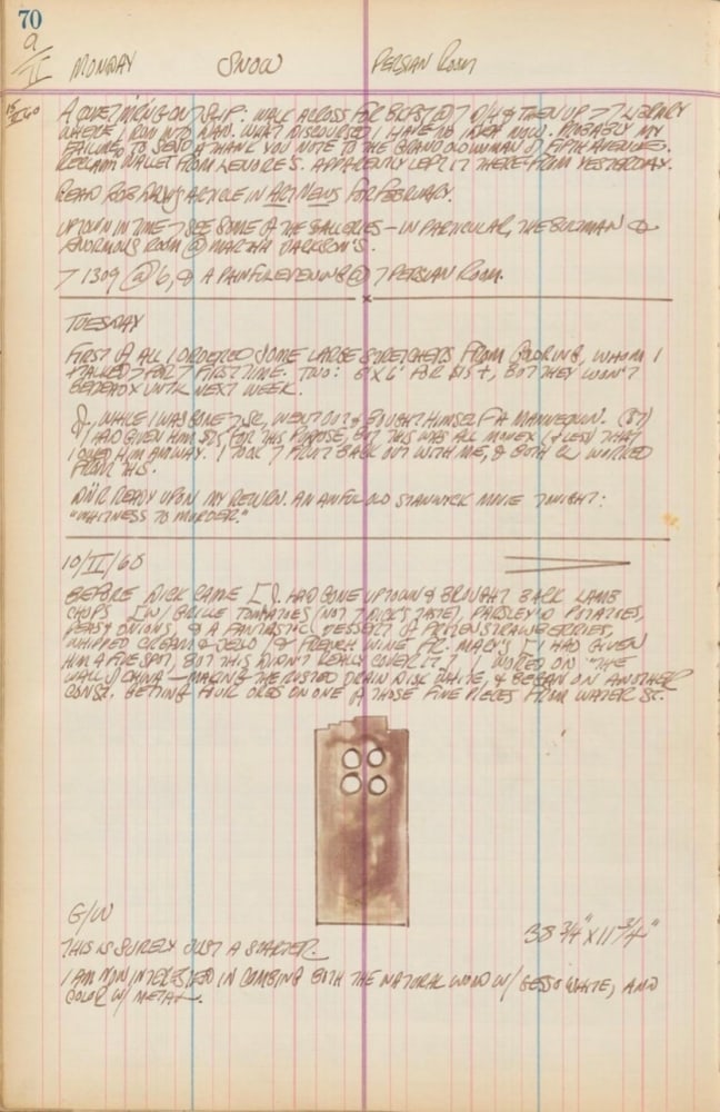 Journal page for February 9, 1959, and February 9–10, 1960 with a sketch of an early state of the sculpture Pair
