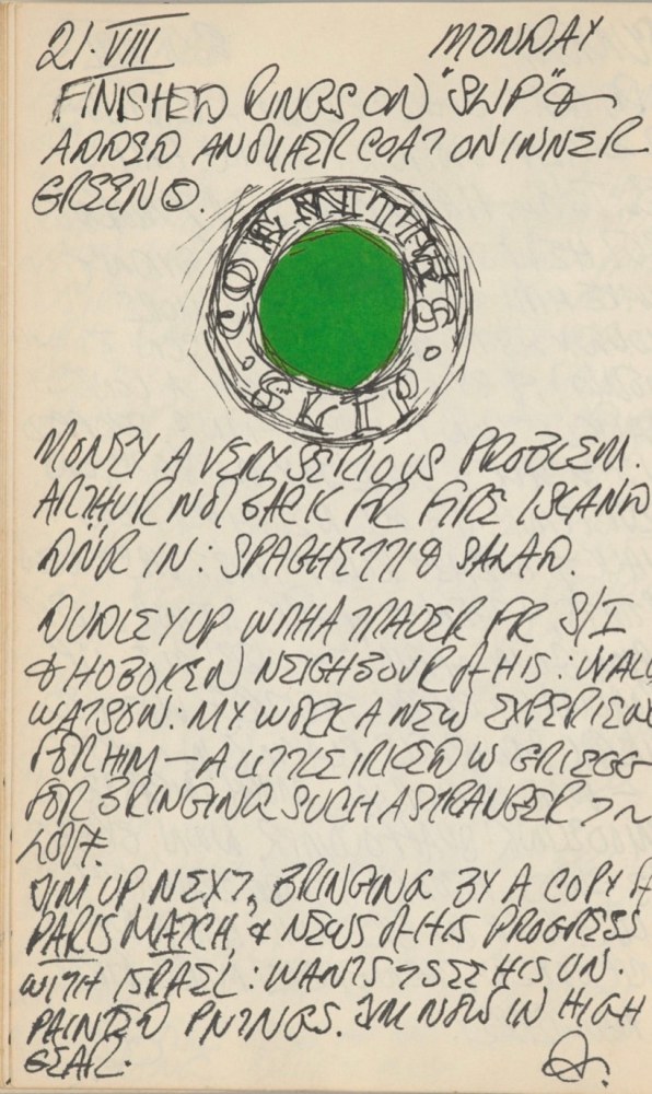 Journal page for August 21, 1961, with a sketch of a detail from the painting The Slips
