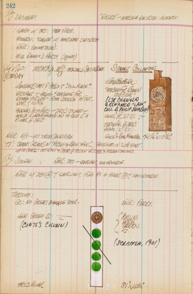 Journal page for May 16–17, 1959, and May 16–17, 1960 with color sketches of two sculptures