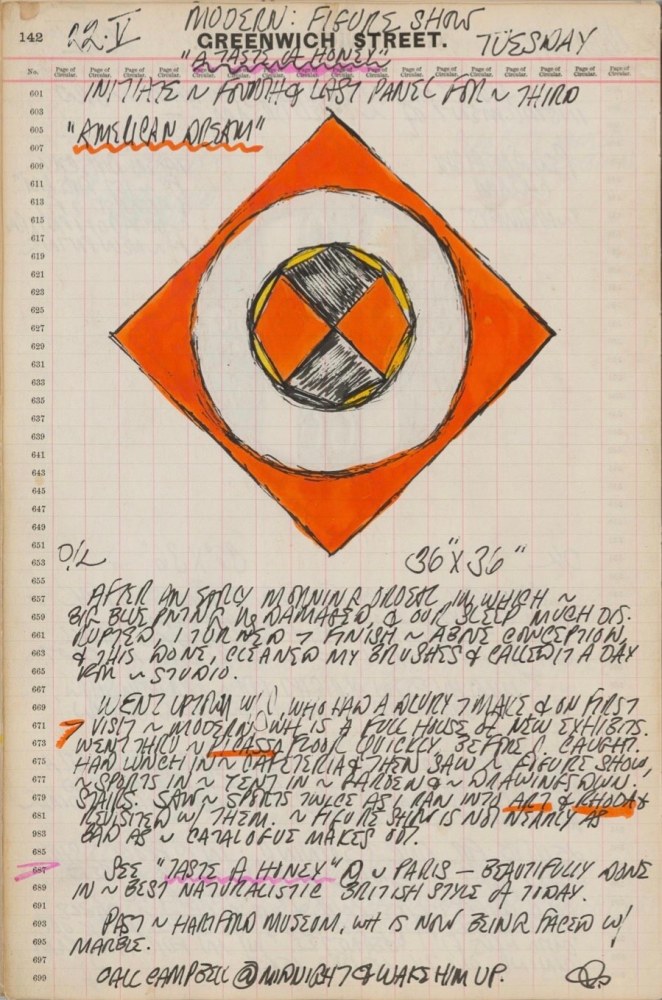 Journal page for May 22, 1962, with a color sketch of a panel from the painting The Red Diamond American Dream #3