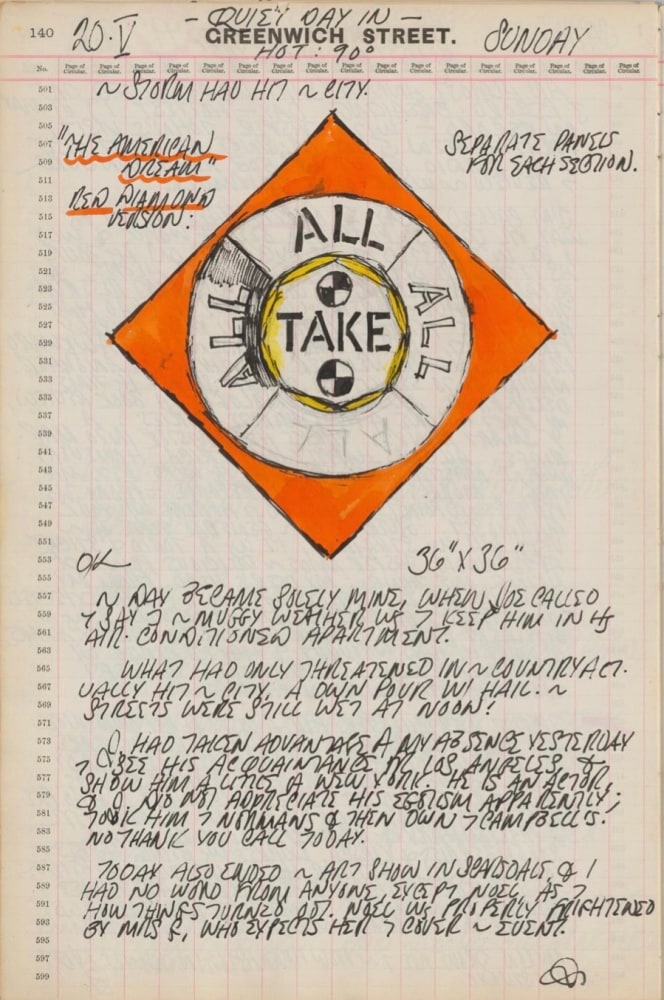 Journal page for May 20, 1962, with a color sketch of an early state of a panel from The Red Diamond American Dream #3