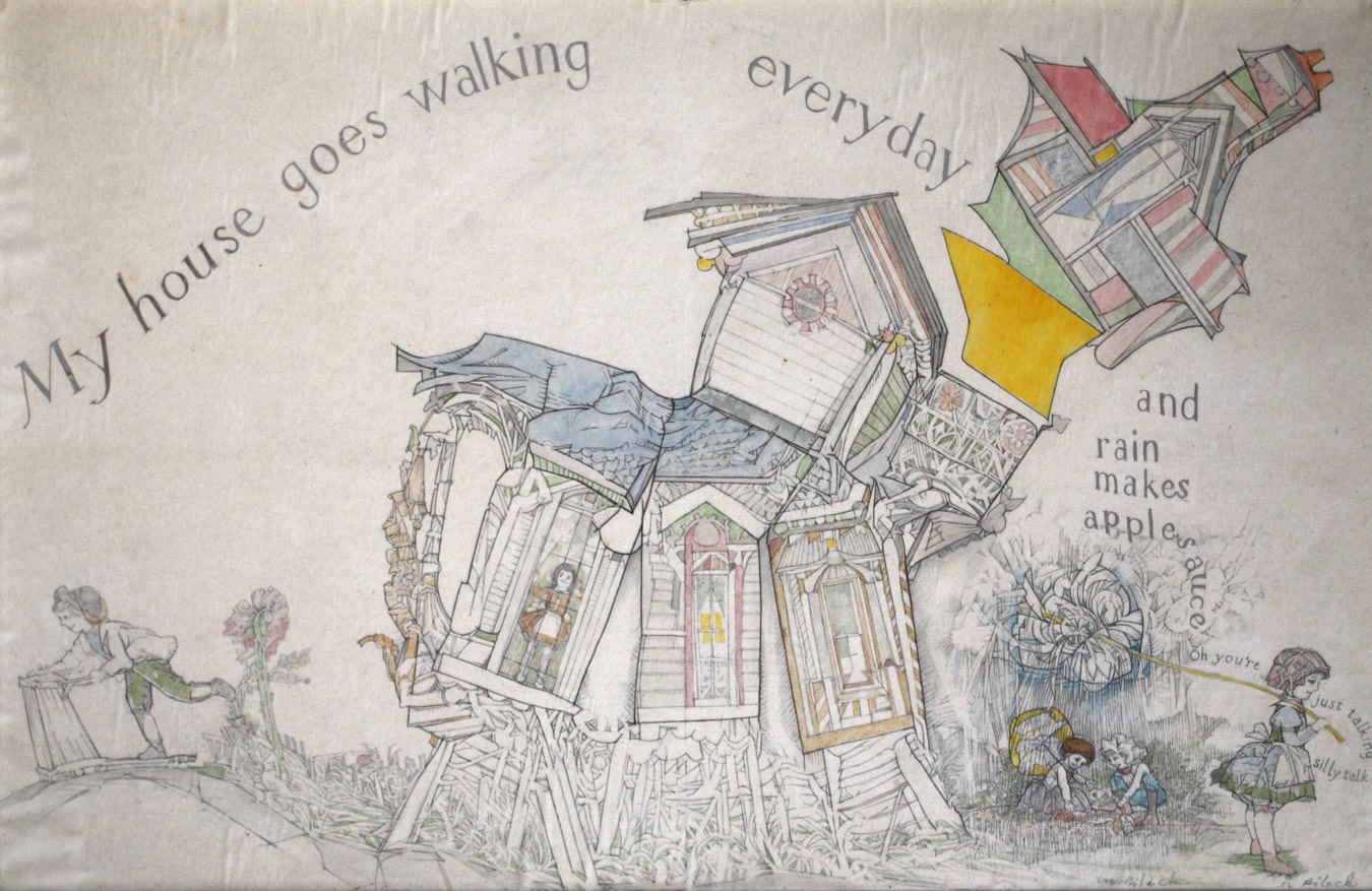 Marvin Bileck,&amp;nbsp;My House Goes Walking Everyday and Rain Makes Applesauce,&amp;nbsp;1964, graphite and colored pencil on paper, 9 1/2 x 14 5/8 inches