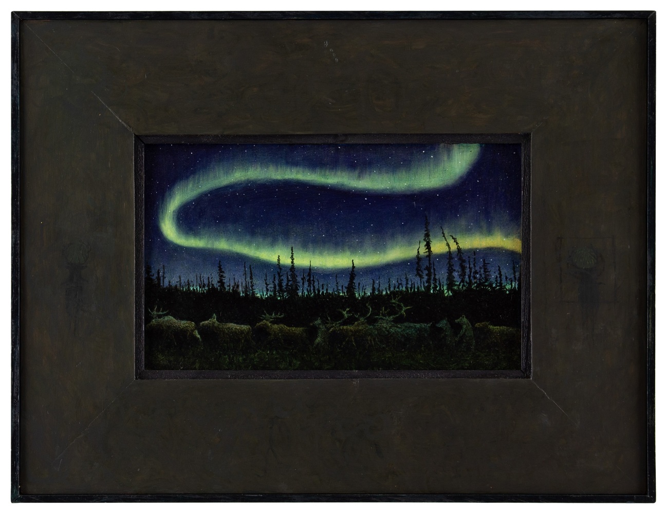 Painting of a procession of bears and moose under the Northern Lights