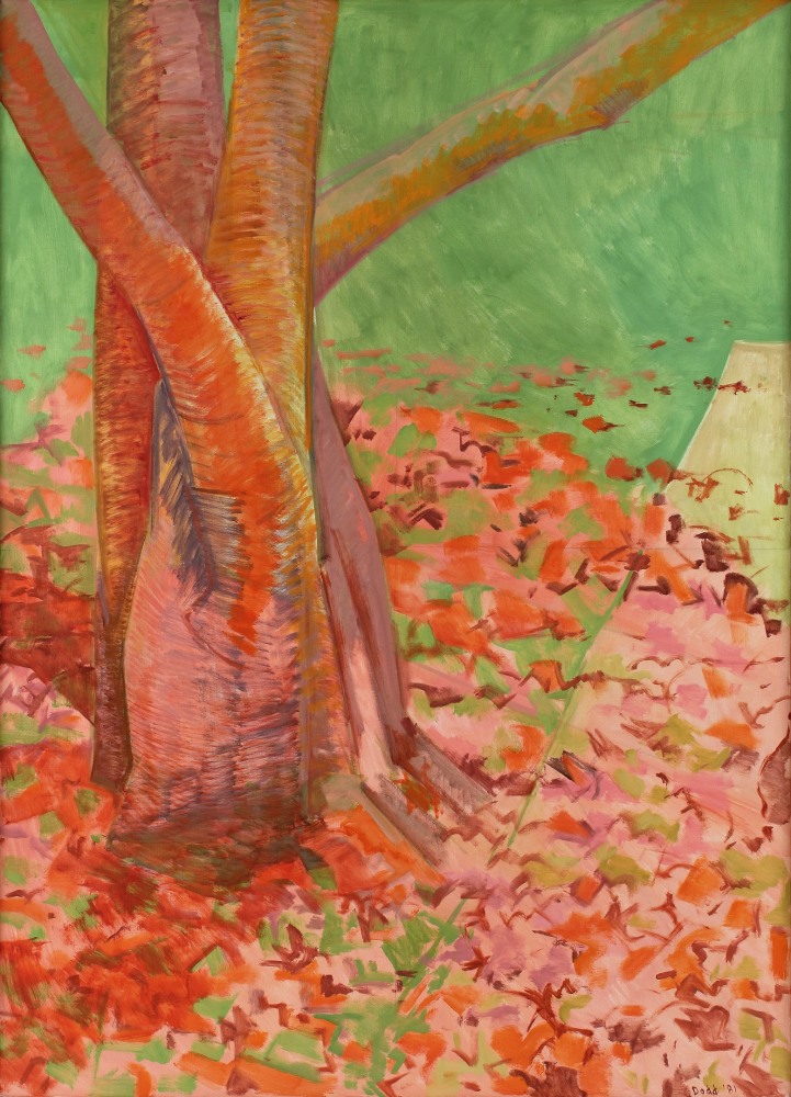Lois Dodd, Red Trunks, Red Leaves, 1981, oil on linen, 50 x 36 inches