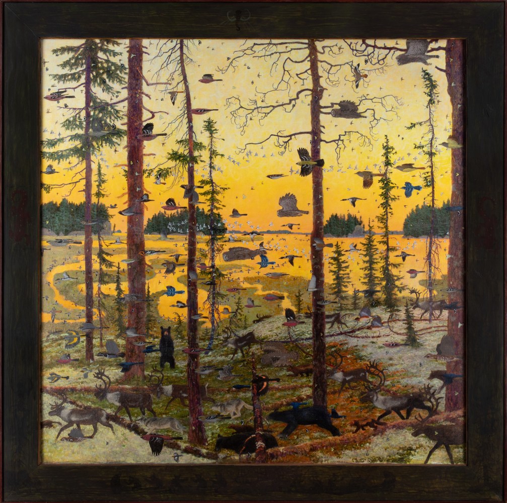 Nind Aiangwamendam, 2023, oil on linen, 47 x 47 inches, including artists&amp;#39; hand painted frame