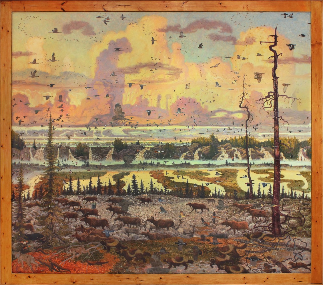 Painting of a surreal landscape at sunrise with a menagerie of birds and forest creatures migrating to the west