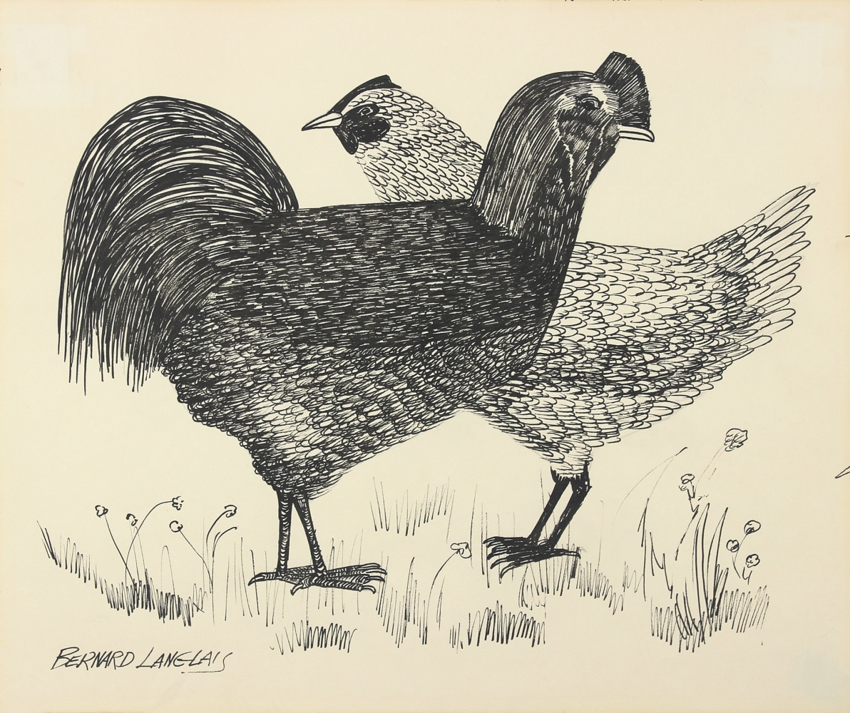 Rooster and Hen,&amp;nbsp;ca. 1970s, pen and ink on paper, 14 x 16 3/4 inches