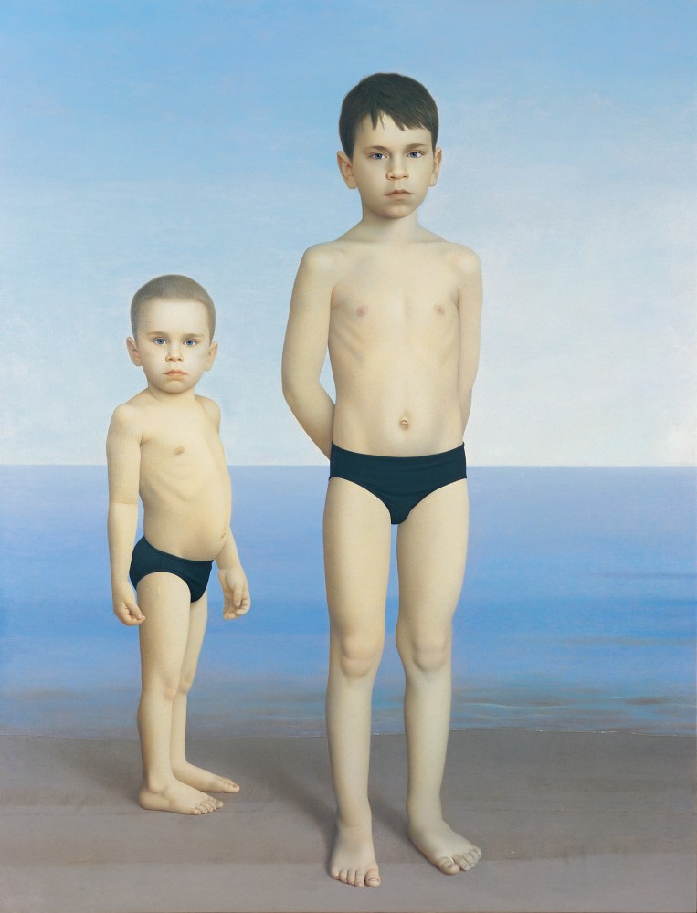 Painting of two young boys in bathing suits, standing in the sand with the ocean and a blue sky in the background