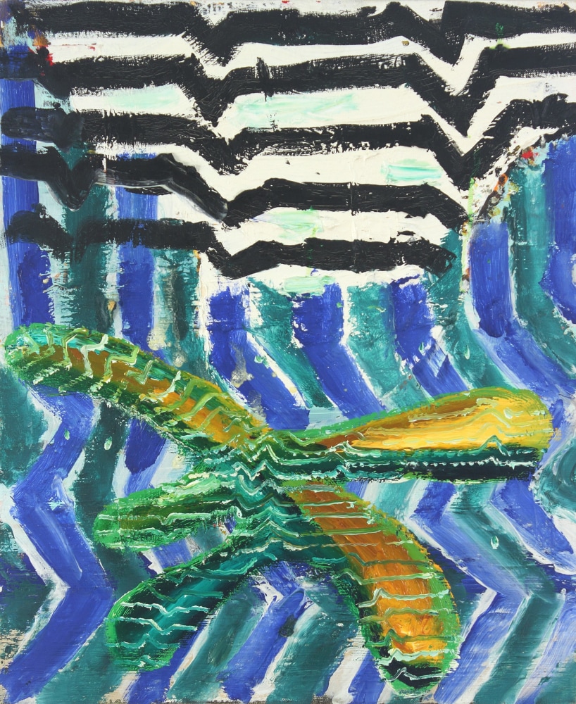 Abstract painting of organic and geometric forms in black, white, blue, green and yellow