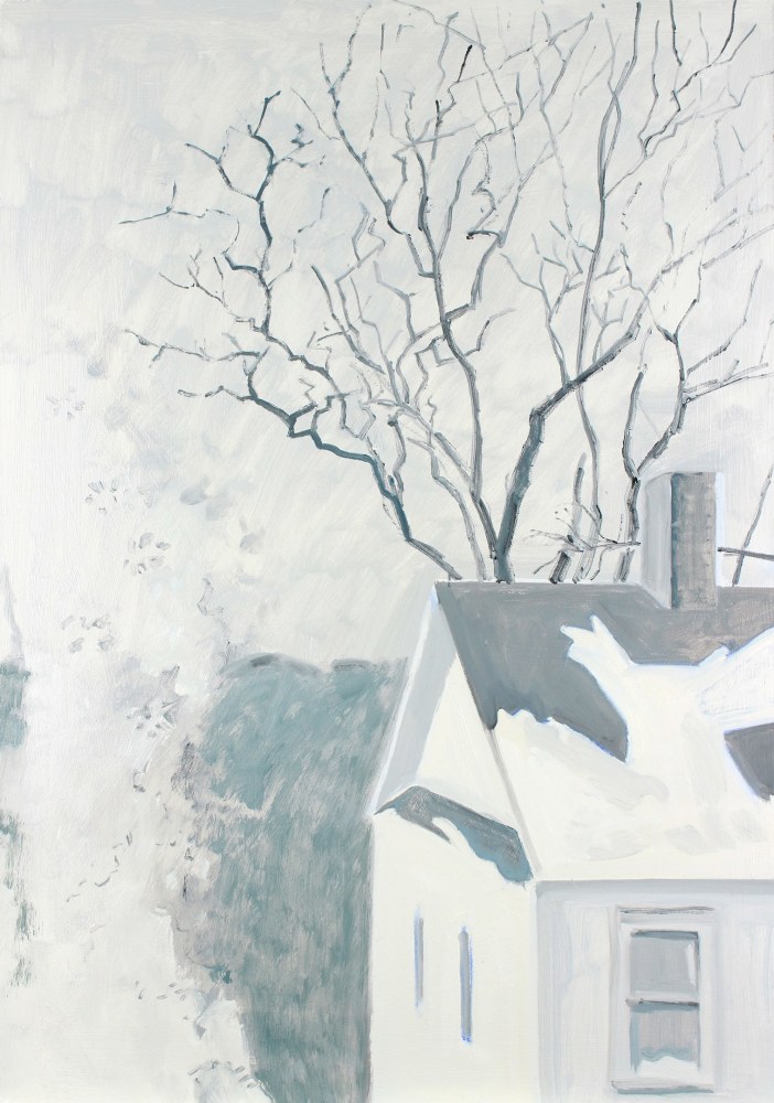 Painting of a white house with snow on the roof and windows and a leafless tree in the background