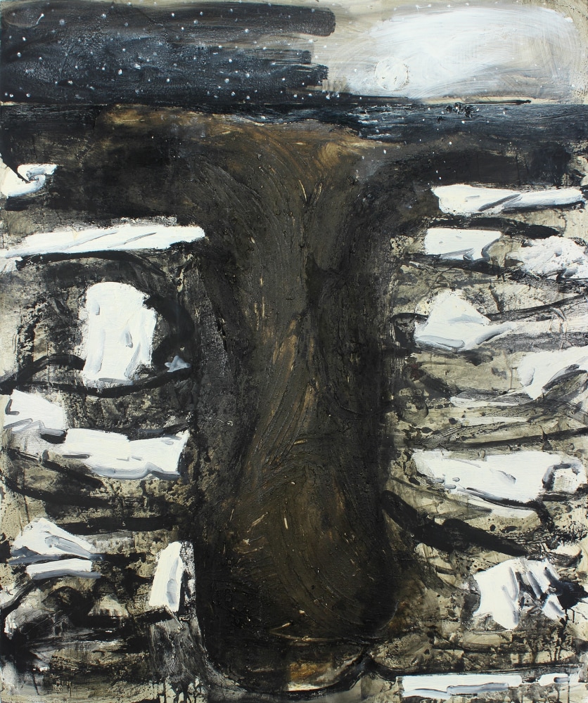 Abstract painting consisting of white, tan and black forms surrounding a large black form near the center of the canvas