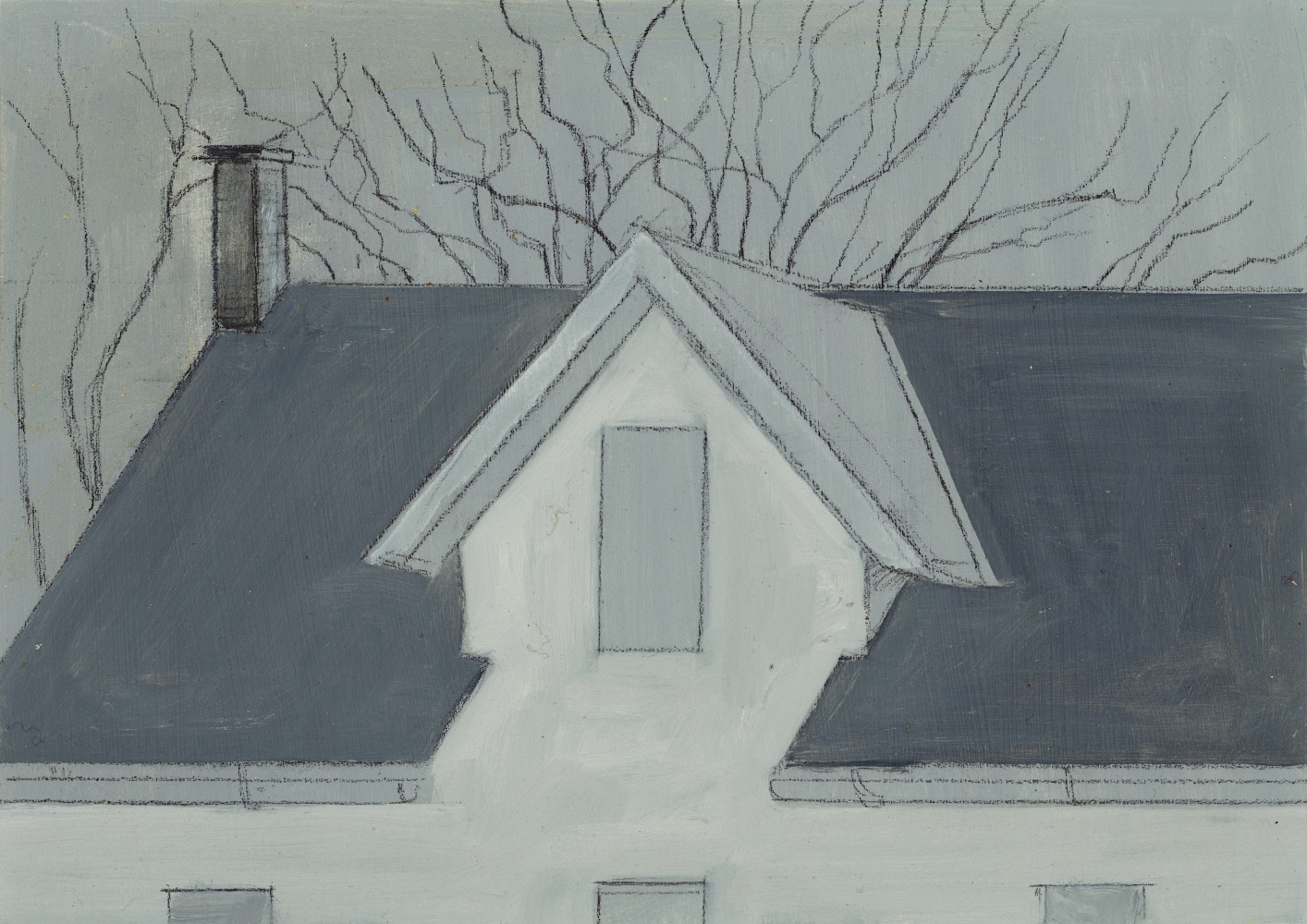 Roof and Eave, B&amp;#39;town, 2016, graphite and oil on aluminum flashing, 5 x 7 inches