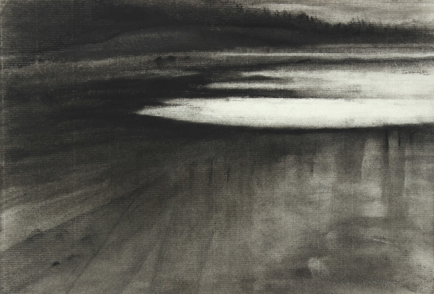 Charcoal landscape drawing of a dark shoreline meeting the sea