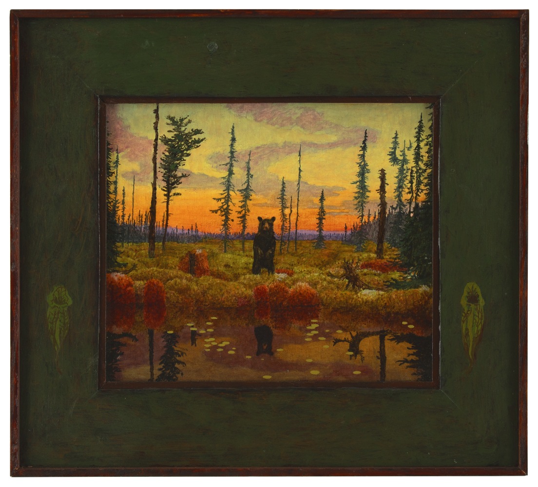 Painting of a bear standing on its hind legs in a clearing at sunset, with a pond in the foreground