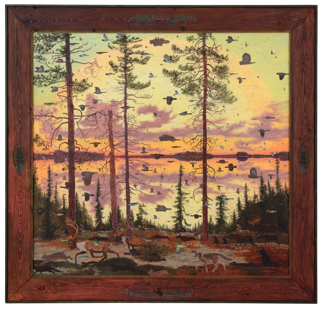 Landscape painting with a herd of various forest animals running to the left