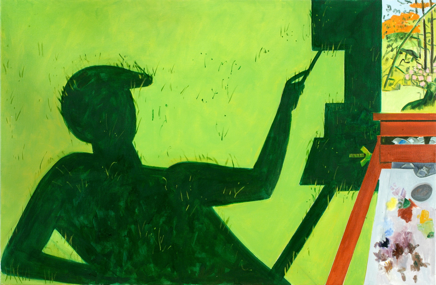 Painting of the shadow of a painter at an easel, cast onto a patch of bright green grass, with the easel and palette partially visible on the right side of the canvas