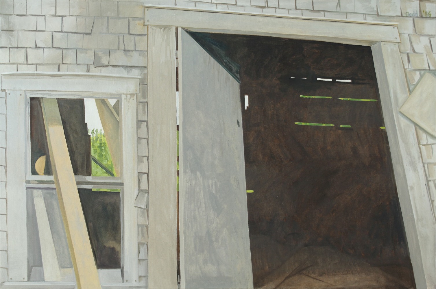 Painting of the side of a clapboard building, with an open door and leading into an empty room and a window with reflections of trees