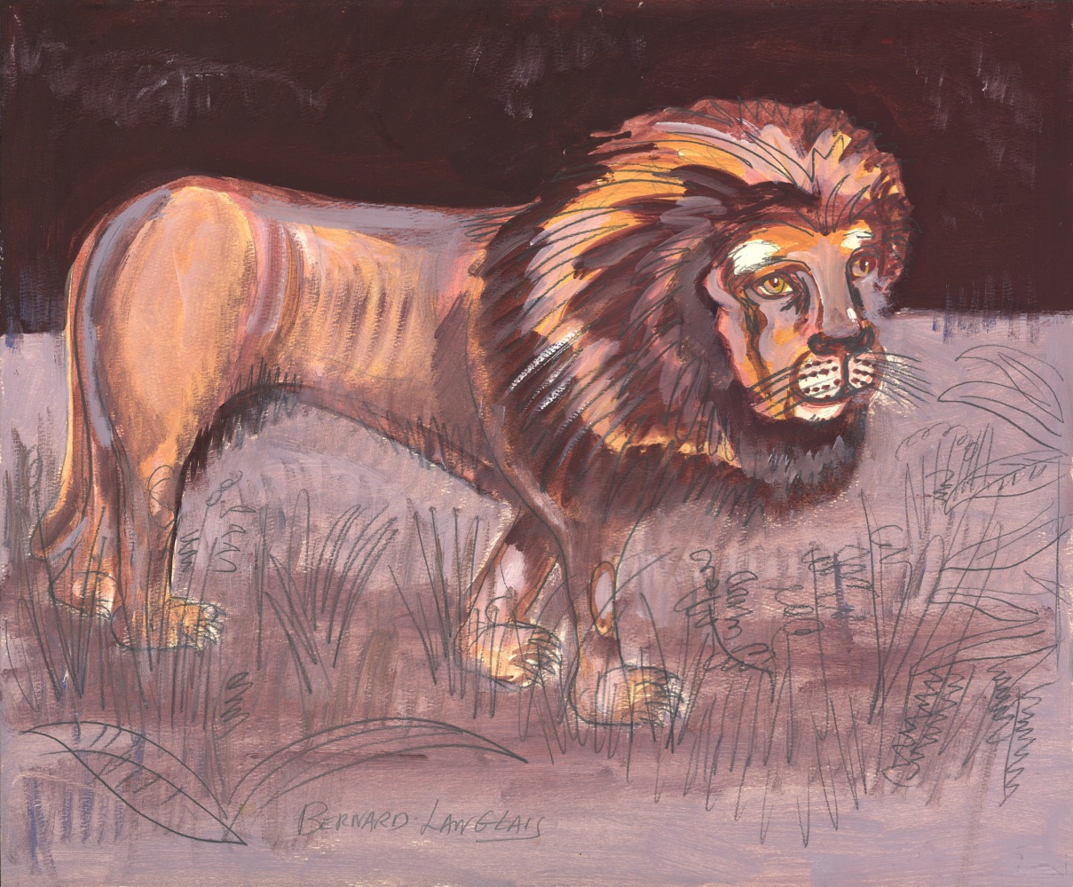 Painting on paper of a lion standing in a brown field