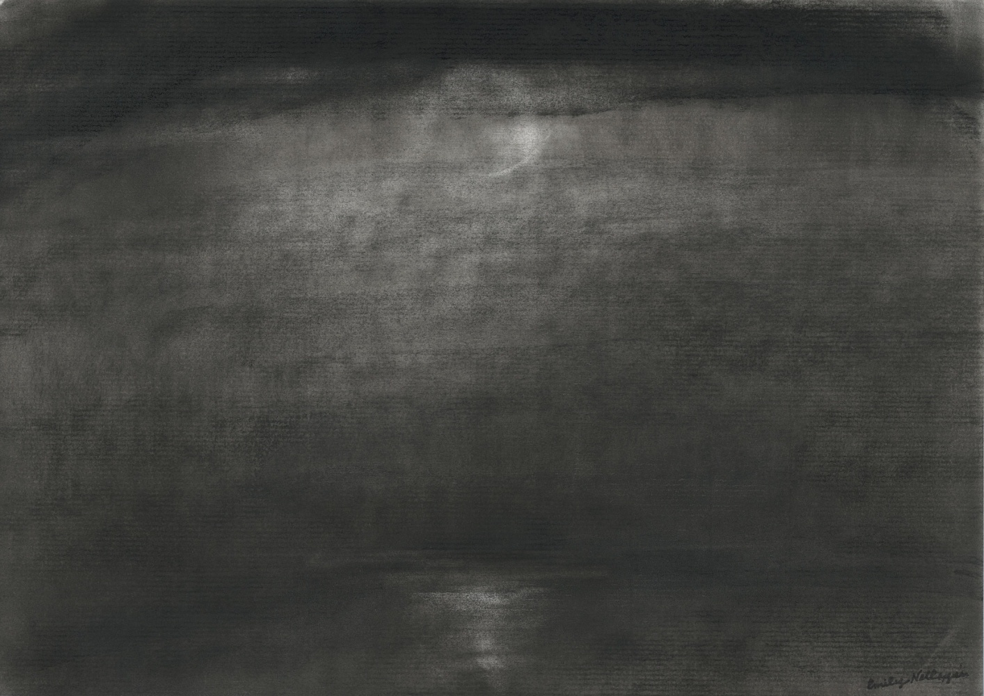 Charcoal landscape drawing of a night sky over the sea, with faint moonlight coming through the clouds and reflecting off the water