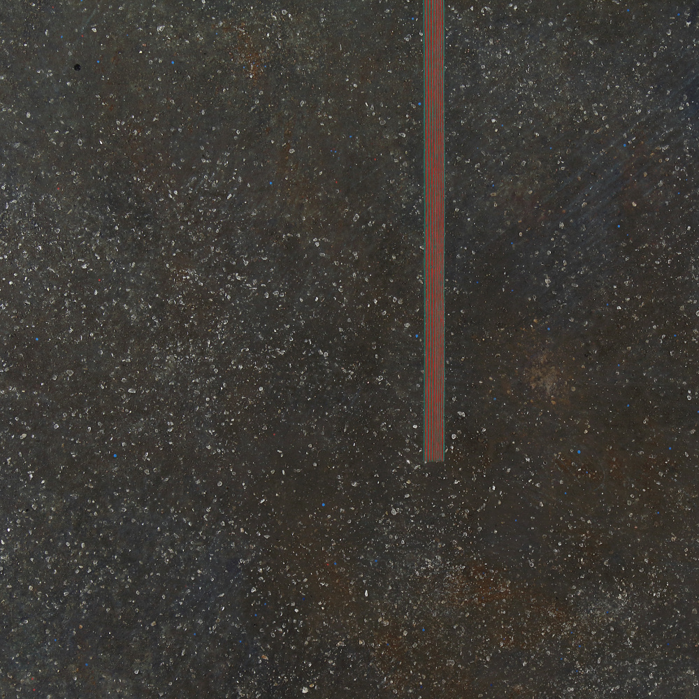 Abstract painting with four red line segments floating over an atmospheric, black and brown surface