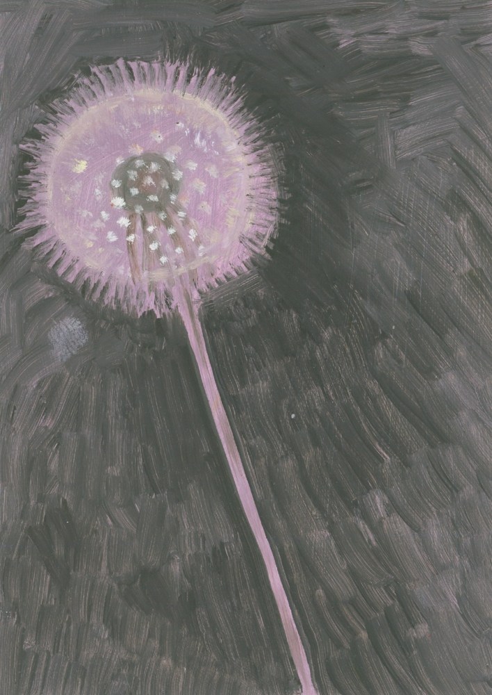Painting of a light purple dandelion seed-head on a grey-green ground