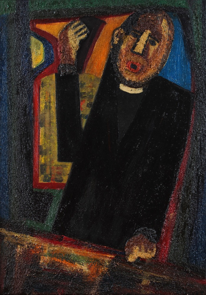 Abstracted, expressionist painting of a person orating at a podium, with one hand raised and holding a book