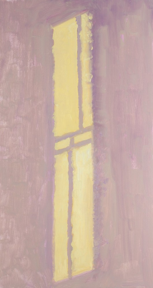 Painting of a patch of yellow sunlight on a lavender-pink wall