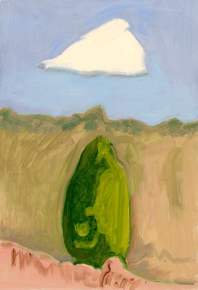 Arbor Vitae + Cloud, 2021, oil on aluminum flashing, 7 x 5 inches