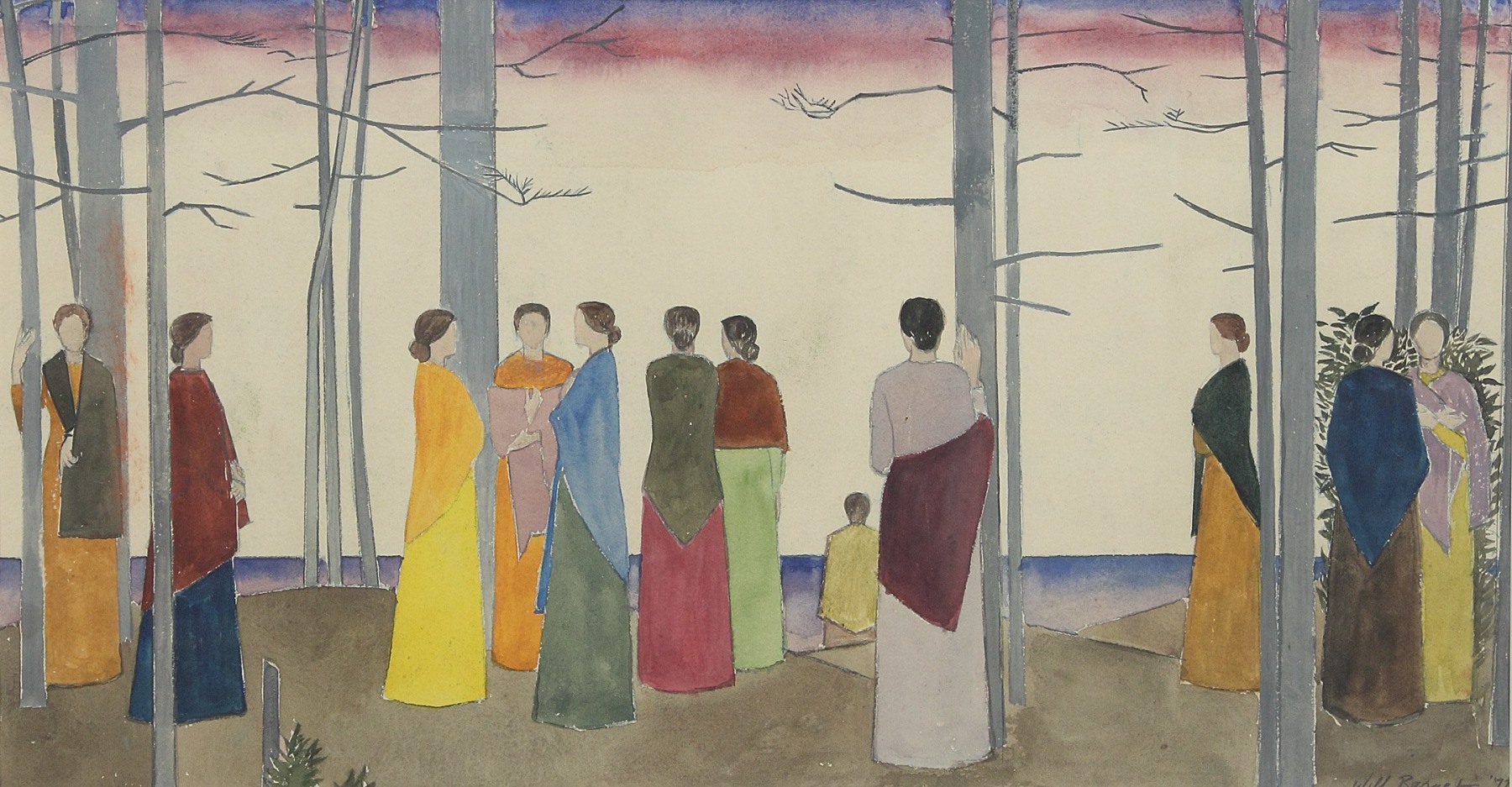 Watercolor painting of a group of women in an outdoor scene, with the sea in the background