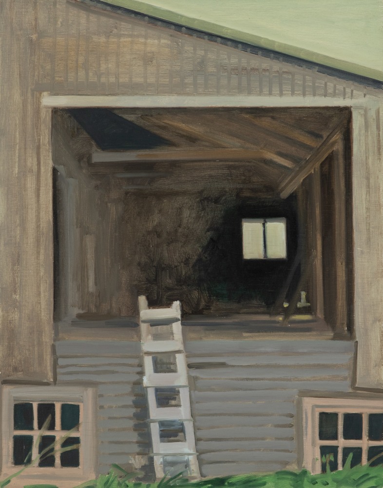 VT Barn &amp;ndash; Open, 1990, oil on wood panel, 19 x 14 3/4 inches