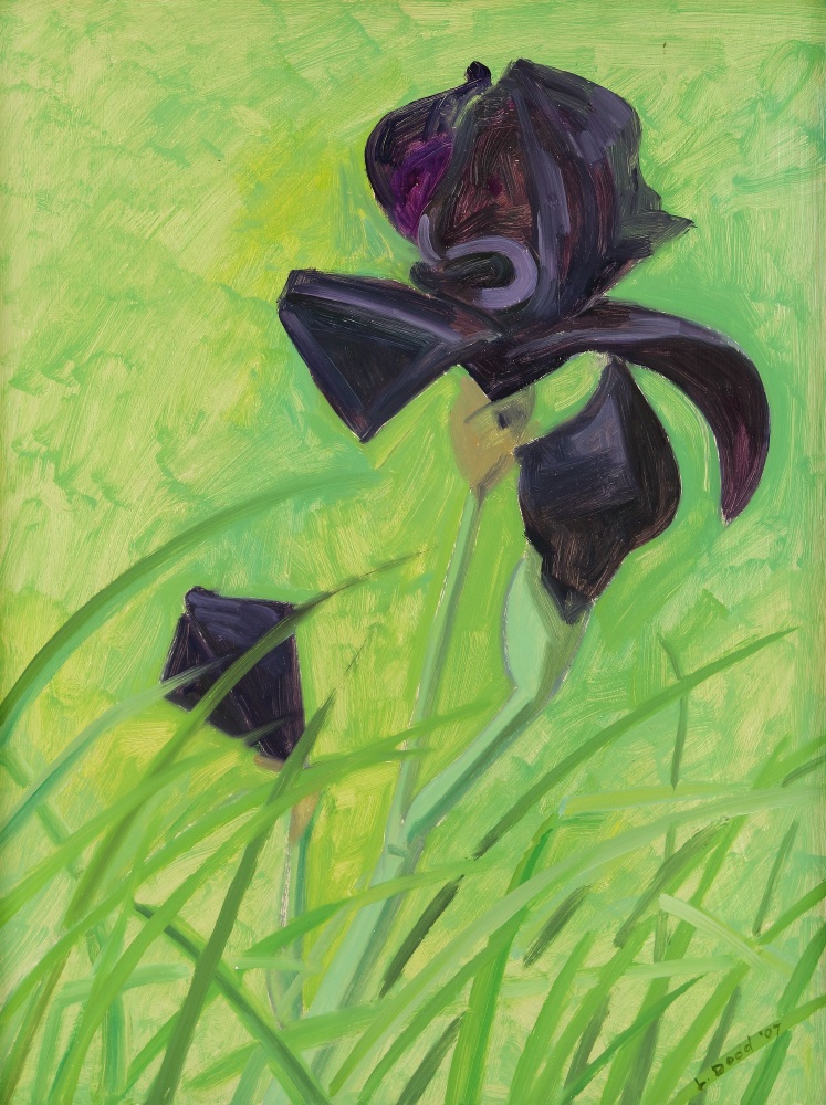 A painting of a deep violet flower surrounded by grass