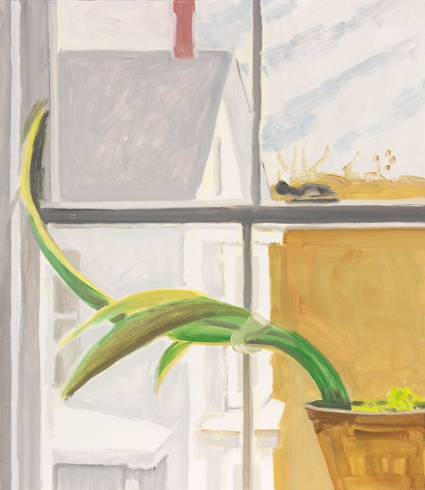 Painting of a potted plant in a window with looking out at a yard and building