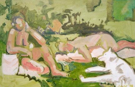 Two Nudes, White Dog, 1999, oil on wooden panel, 11 x 17 inches
