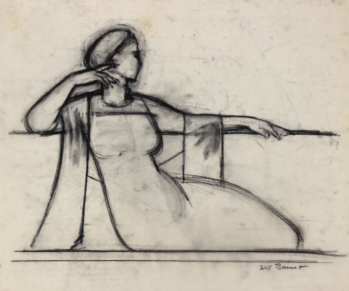 Graphite drawing of a reclining woman looking to the side