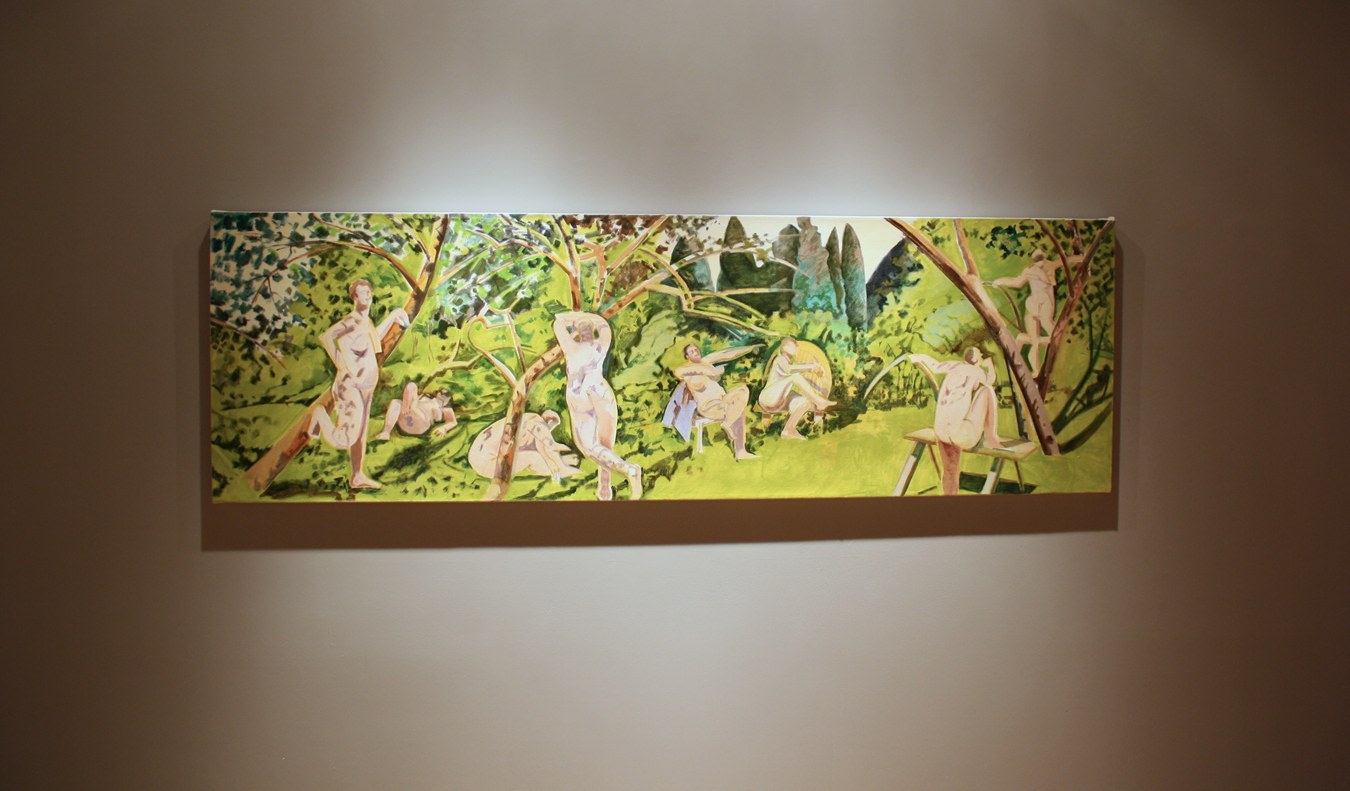 Photograph showing a view of an exhibition, with one painting hanging on a grey wall