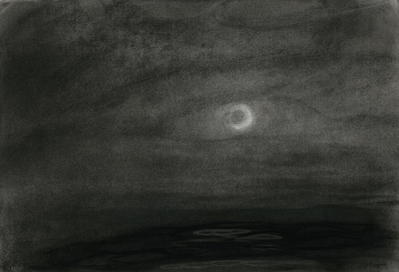 Charcoal landscape drawing of the sea at night, with the moon showing through clouds and reflected on the water below