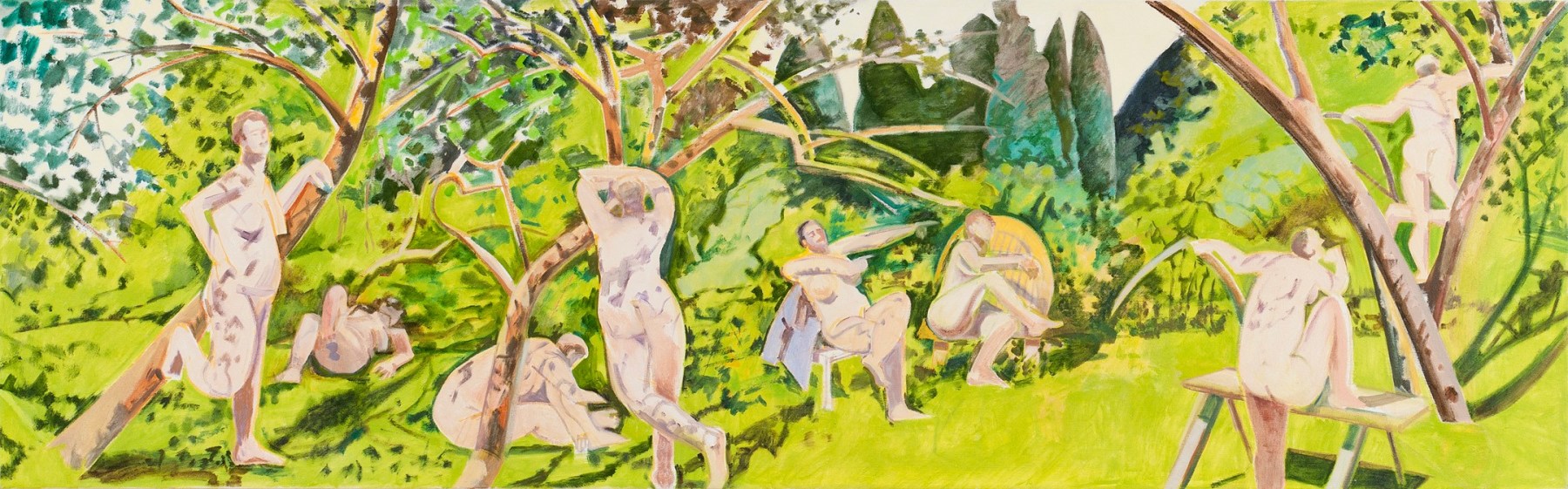 Painting of a lush green garden, with eight nude figures throughout in various poses