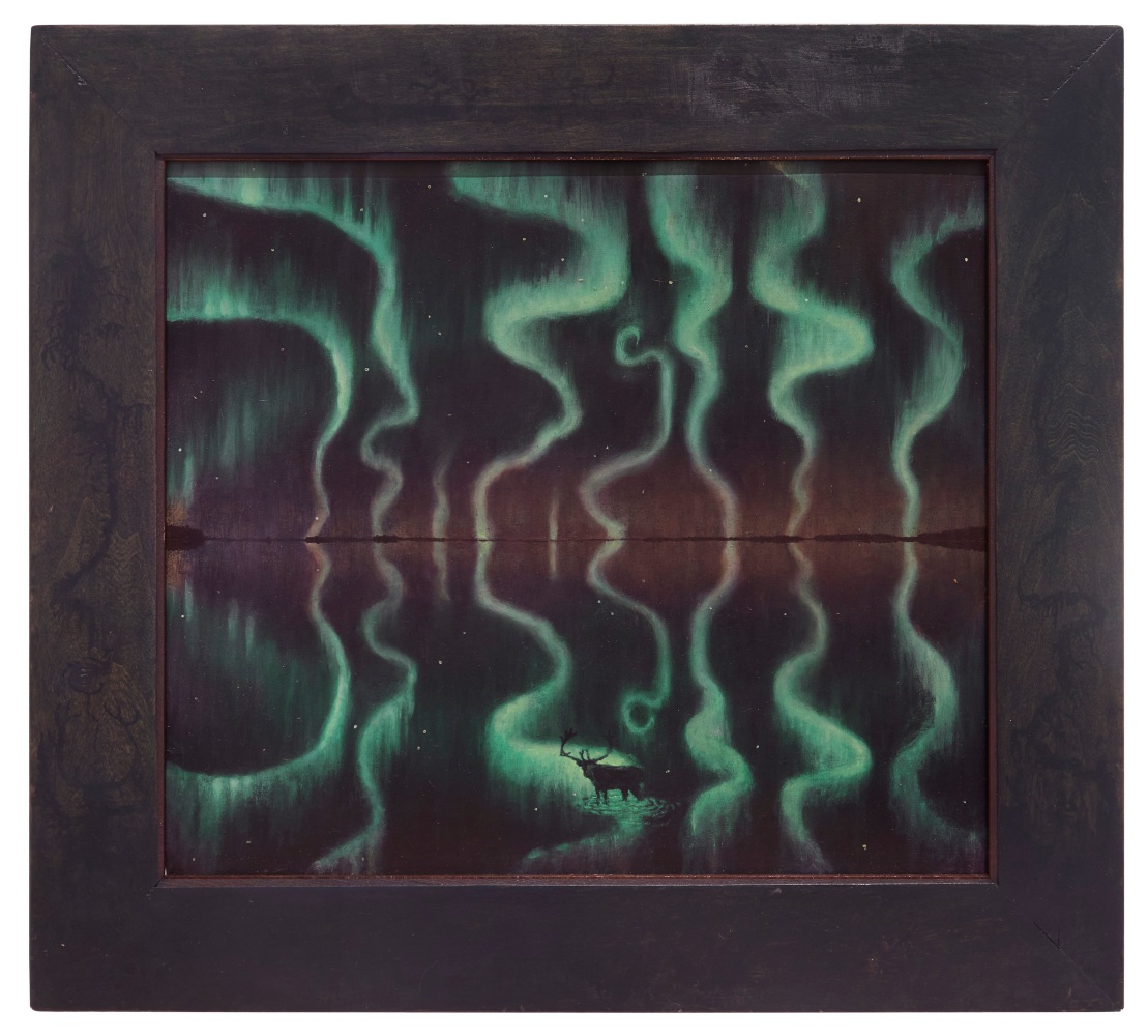 Odaapinan, 2025, oil on rag board, 18 1/2 x 20 1/2 inches, including artist&amp;#39;s hand painted frame