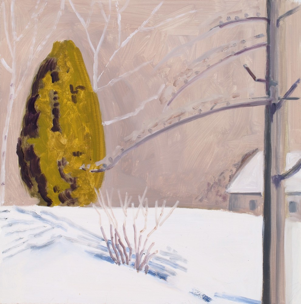 Lois Dodd, Arbor Vitae + Bill&amp;#39;s Cottage, 2021, oil on Masonite, 12 1/8 x 12 1/8 inches