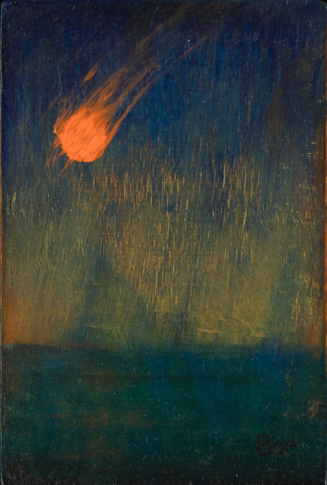 Painting of an orange meteor descending through the sky over a body of water
