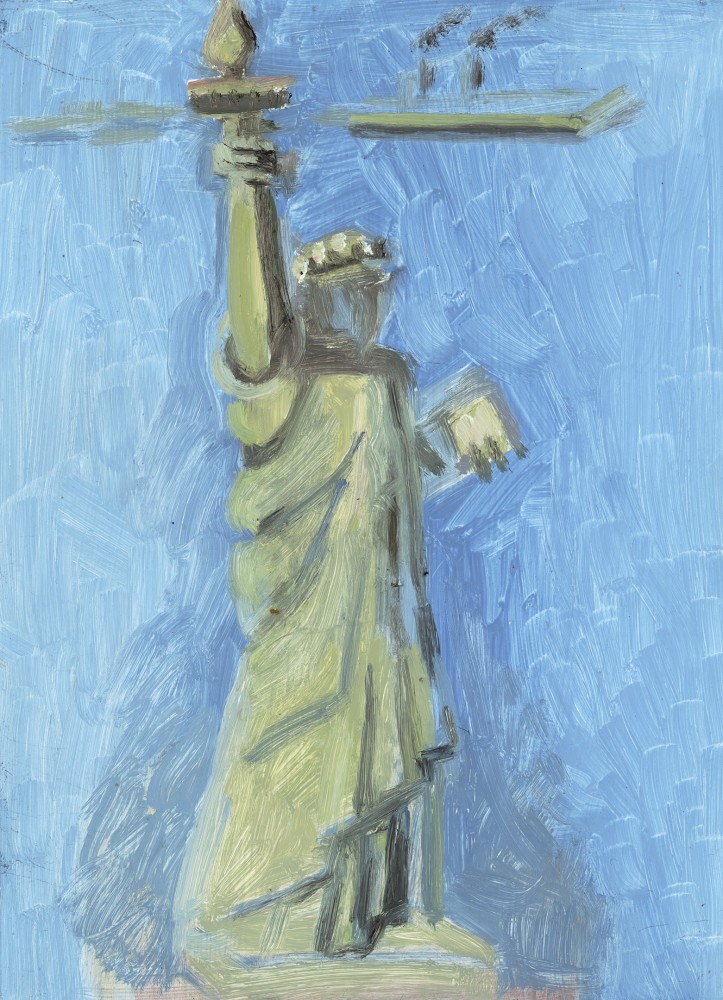 Painting of the Statue of Liberty, with a boat floating in the water behind