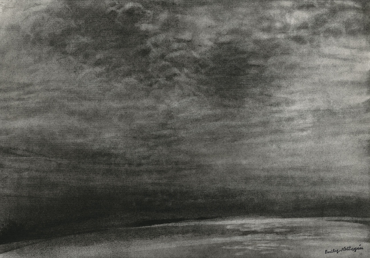 Charcoal landscape drawing of the sky and ocean at dawn or dusk, with dim sunlight coming through dark clouds and reflected off the water