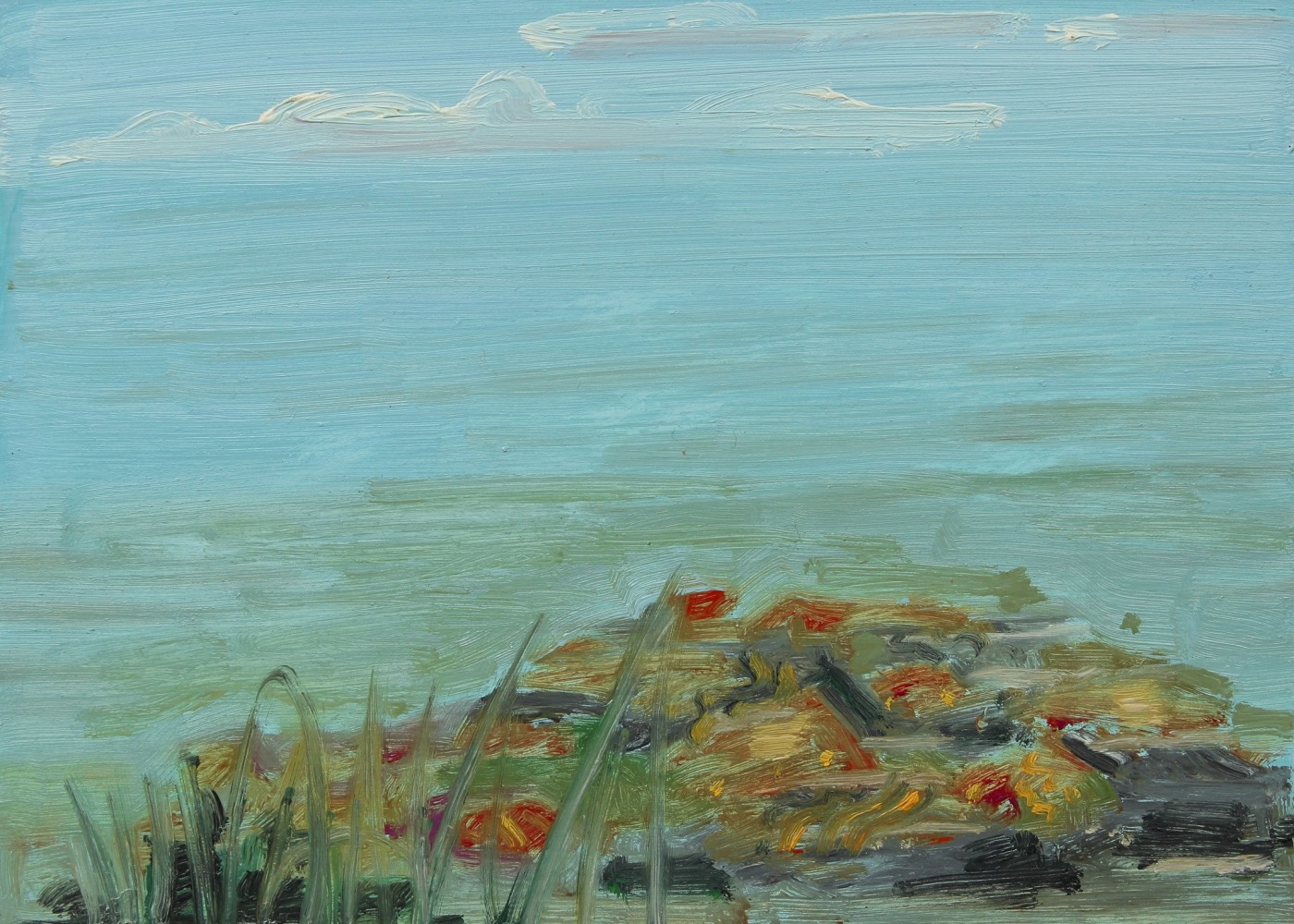 Painting of piece of land meeting the water, with clouds in a blue sky above