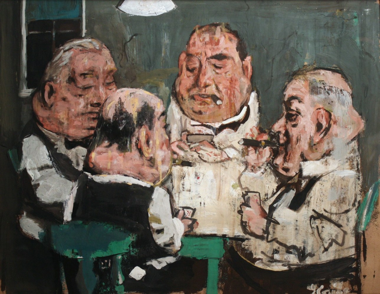 Painting of a group of men sitting in a circle, playing a card game and smoking cigars
